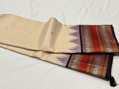 Ivory white with Deep Beetlenut Purple Korvai with Buttas Varisaipet Borders Handwoven Pure Zariless Kanjivaram Silk Saree Beauty