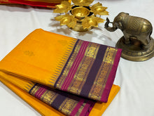 Golden Mustard with Deep Beetlenut Purple Buttas Korvai Handwoven Pure Jari with temple borders Kanjivaram Silk Saree Beauty