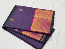 Dual tone Manthulir Green short with Purple Body with Dark Magenta Borders Pallu and Blouse Handwoven Pure Kanjivaram Silk Saree with Buttas and Mayilkan Borders Beauty