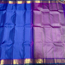 Royal Cobalt Blue with Purple Thodar Buttas Handwoven Pure Kanjivaram Silk Saree Beauty