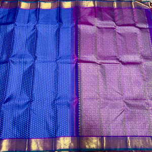 Royal Cobalt Blue with Purple Thodar Buttas Handwoven Pure Kanjivaram Silk Saree Beauty