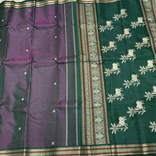 Dual tone green with purple with bottle green buttas and pichwai pallu Handwoven Pure Zariless Kanchipuram Silk Saree Beauty