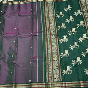 Dual tone green with purple with bottle green buttas and pichwai pallu Handwoven Pure Zariless Kanchipuram Silk Saree Beauty