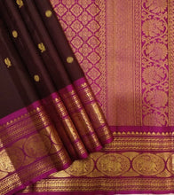 Sahana- Gorgeous Coffee Brown with Deep Magenta Handwoven Pure Jari Kanjivaram Silk with buttas woven body with beautiful borders rich pallu and contrast woven blouse