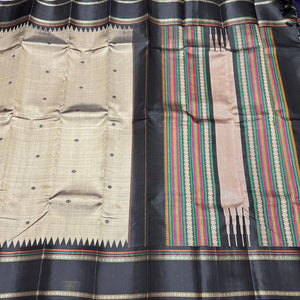 Stunning Grey with Black Buttas Korvai Handwoven Pure Zariless Kanjivaram Silk Saree Beauty with temple borders