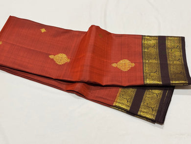 Vintage combo- Rust with Brown Handwoven Pure Jari Kanjivaram Silk Saree with Beautiful Buttas woven body, rich doublepet borders gorgeous pallu and contrast woven blouse beauty