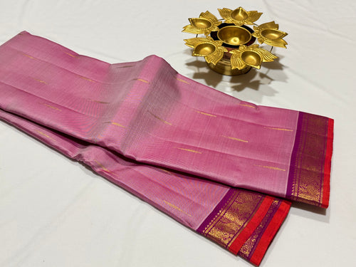 Lotus Pink with Vadamalli Purple Mallimoggu Buttas with Small borders Handwoven Pure Jari Kanjivaram Silk Saree Beauty