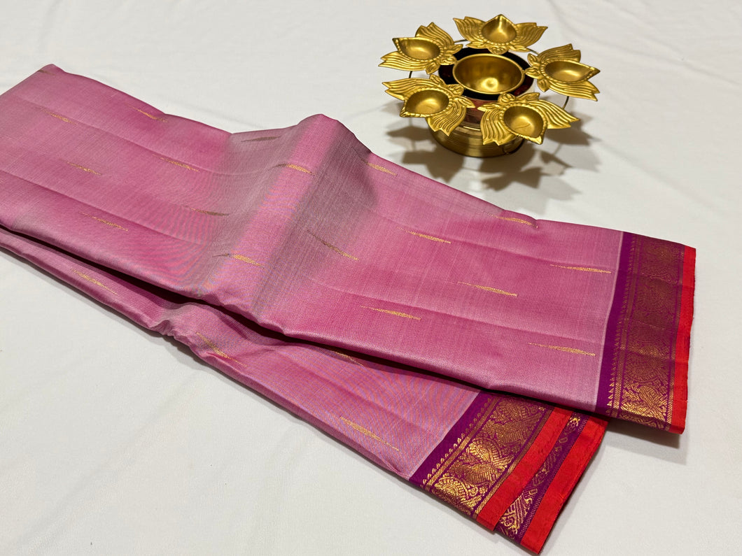 Lotus Pink with Vadamalli Purple Mallimoggu Buttas with Small borders Handwoven Pure Jari Kanjivaram Silk Saree Beauty