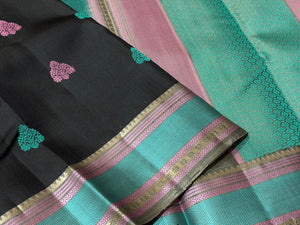 Black with Grey with Multicolored Buttas Handwoven Pure Zariless Soft Kanjivaram Silk Saree Beauty