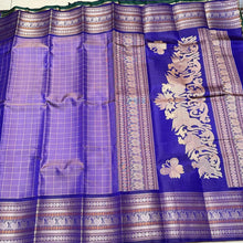 Lavenderish Blue with royal blue checks with Sorgavasal Pallu Handwoven Pure Zariless Kanchipuram Silk Sarees Beauty with varisai borders
