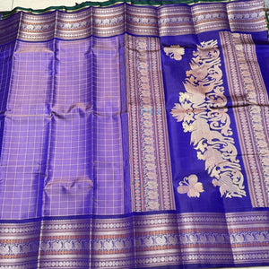 Lavenderish Blue with royal blue checks with Sorgavasal Pallu Handwoven Pure Zariless Kanchipuram Silk Sarees Beauty with varisai borders