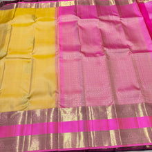 Soft Yellow with Candy Rose Pink Buttas with Long & Short Borders Handwoven Pure Jari Kanjivaram Silk Saree beauty