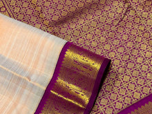 Sarasangi- Gorgeous Sandal with Deep Purple Handwoven Pure Jari Korvai Kanjivaram Silk with beautiful yazhis and annapakshis woven borders rich pallu and contrast woven blouse