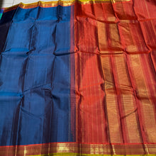 Deep Sapphire Blue with Burnt Orange Small Borders Handwoven Pure Jari Kanjivaram Silk Saree Beauty