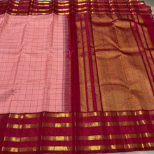 Vaibhogam- Beautiful Peach with Arakku Red Handwoven Pure Jari Korvai Checked Kanjivaram Silk with beautiful tetrapet borders rich and classic pallu and contrast woven beautiful blouse