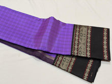 Saraswati- Gorgeous Lavendar with Black Handwoven Pure Korvai Premium Zariless Kanjivaram Silk with beautiful checked body with rich yazhis and rudrakshas woven borders gorgeous pallu and contrast woven blouse