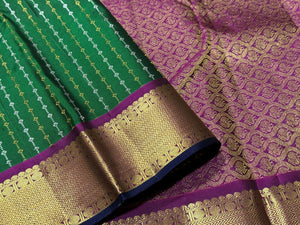 Dark Forest Green with Wine Handwoven Pure Jari Thodar Buttas Kanjivaram Silk Saree Beauty