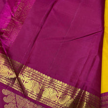 Vaibhogam- Gorgeous Mustard with Magenta and Bottle Green Handwoven Pure Jari Korvai Kanjivaram Silk with thread buttas woven body with beautiful ganga jamuna borders rich pallu and contrast woven blouse
