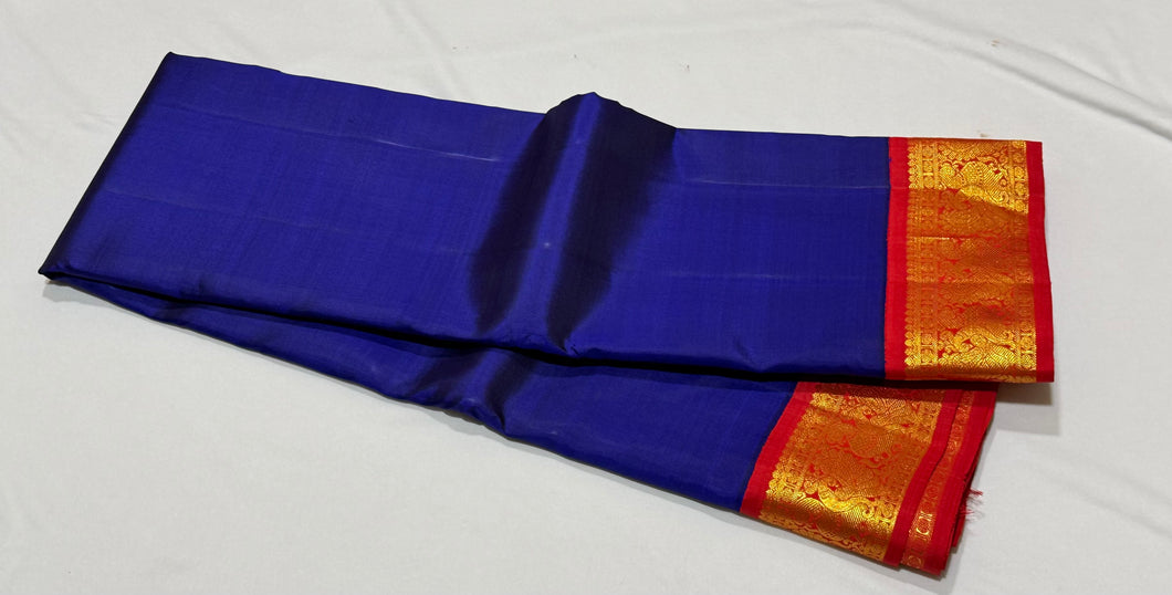 MS Blue with Red Handwoven Korvai Kanjivaram Silk Saree with rich pallu borders beauty