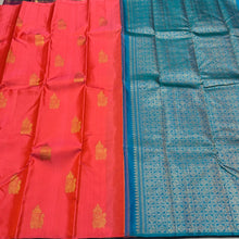 Bright Peach with Peacock Blue Green Muthukattam with Peacock Chariot Motifs Borderless Handwoven Pure Jari Kanjivaram Silk Saree Beauty