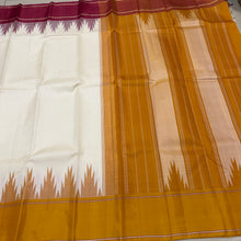 Saraswati- Offwhite with Ganga Jamuna Temple Bordered Handwoven Premium Zariless Korvai Kanjivaram Silk with Seer Mustard Pallu and contrast woven mustard blouse