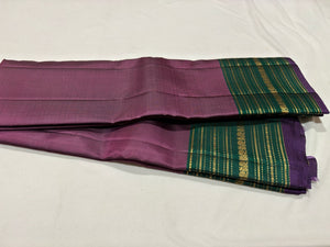 Deep Mauve with Sapphire Green Handwoven Pure Light Weight Kanjivaram Silk Saree Varisaipet Borders Beauty