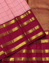Vaibhogam- Beautiful Peach with Arakku Red Handwoven Pure Jari Korvai Checked Kanjivaram Silk with beautiful tetrapet borders rich and classic pallu and contrast woven beautiful blouse