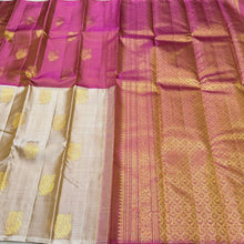 Sahana- Gorgeous Half And Half Style Handwoven Pure Jari Kanjivaram Silk in Beige and Onion Pink combo with muthukattam self colored with peacock motifs woven beautiful body with rich onion pink pallu and contrast woven blouse