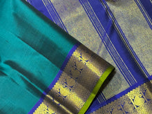 Rama Green with Dark Azure Blue Handwoven Pure Jari Kanjivaram Silk Saree with beautiful borders and light green selvedges rich Pallu and contrast woven blouse