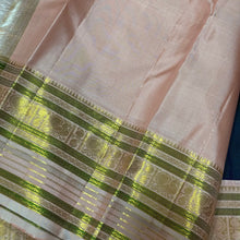 Deep Prussian Blue (dual tone of sapphire blue and green) with Soft Pink Buttas Handwoven Pure Jari Korvai Kanjivaram Silk Saree with rich meenakari varisaipet borders with vel, annam, manga, Neli streaks woven rich borders rich pallu and contrast woven