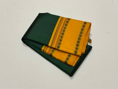 Premium Zariless Weave- Bottle Green with Yellow Handwoven Pure Zariless Korvai Kanjivaram Silk with Rudrakshaper Borders classic rekku pallu and contrast woven blouse beauty