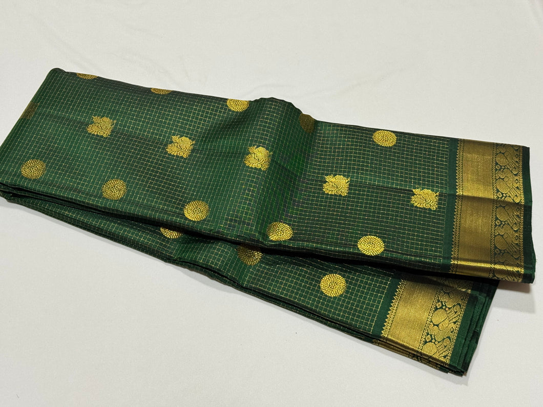 A Deep Emerald Green with Gold Vairaoosi with Buttas Handwoven Pure Jari Kanjivaram Silk Saree with rich borders pallu and self colored blouse beauty