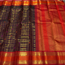 Vaibhogam- Gorgeous Coffee Brown with Red Handwoven Pure Zari Kanijivaram Silk with rich jari checks and meena buttas woven beautiful body with rich borders pallu very intricately woven and contrast woven blouse