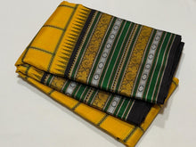 Saraswati- Beautiful Yellow with Deep Blackish Brown Premium Zariless Korvai Handwoven Pure Kanjivaram Silk with neli veldhari checked body with mango and chakram buttas woven with rich varisaipet borders beautiful pallu and contrast blouse