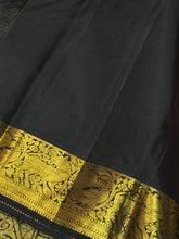 Beautiful Handwoven Pure Jari Korvai Kanjivaram Silk Saree in Geva with Black combination with beautiful yazhi and peacock motifs woven borders rich pallu and contrast woven blouse