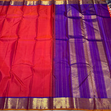 Dual tone Orange with Purple Handwoven Pure Jari Kanjivaram Silk Saree with rich borders pallu and contrast woven blouse