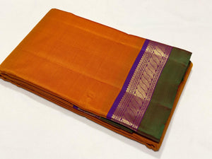 Mango Mustard Orange  with Violetish Purple Handwoven Pure Kanjivaram Silk Saree Spaced borders