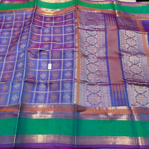 Lavendar with Green Premium Handwoven Pure Kanjivaram Silkcotton Saree Kolam weaves