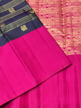 Vaibhogam- Stunning Deep Kanchana Blackish Purple with Yellow and Rani Pink Combination with Vairaoosi and middle thick strips where mayil chakram motifs are woven with beautiful broad ganga jamuna borders with rich pallu and contrast vairaoosi blouse