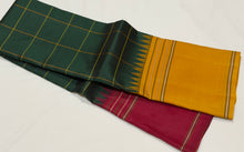 Saraswati- Gorgeous Bottle Green with Ganga Jamuna Temple Borders with Checked body Handwoven Pure Premium Zariless Korvai Kanjivaram Silk with beautiful body rich seer pallu and contrast woven blouse