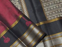 Premium Weave- Deep Maroon with Black Handwoven Pure Zariless Kanjivaram Silk Saree with Buttas woven body spaced double borders shanku motifs woven pallu beauty