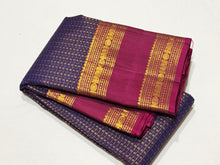 Vaibhogam-Gorgeous Deep Pakku Purplish Blue with Dark Magenta Lakshadeepam Style Handwoven Pure Kanjivaram Silk with rich rettapet borders beautiful pallu and contrast oosi woven blouse