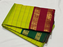 Mesmerizing Lime Green with Ganga Jamuna Borders Kai Korvai Neli Veldhari Handwoven Pure Jari Kanjivaram Silk Saree with Beautiful Fishpet Borders Beautiful Rich Pallu and Contrast woven blouse