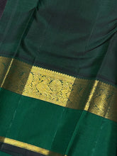 Vaibhogam-Stunning Tomato Pink with Bottle Green Handwoven Pure Jari Korvai Kanjivaram Silk with gorgeous borders rich pallu and contrast woven borders