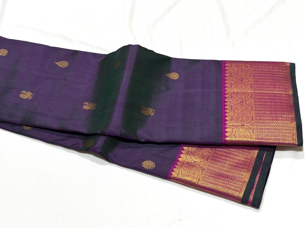Dual tone Manthulir Green short with Purple Body with Dark Magenta Borders Pallu and Blouse Handwoven Pure Kanjivaram Silk Saree with Buttas and Mayilkan Borders Beauty