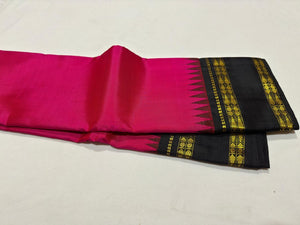 Deep Pink with Black Handwoven Pure Jari Korvai with Rettapet Fish Border Kanjivaram Silk Saree temple borders beauty