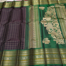 Saraswati- Gorgeous Coffee Brown with  Deep Emerald Green Handwoven Premium Zariless Kanjivaram Silk with beautiful muthukattam silk checked body with gorgeous varisaipet borders rich sorgavaasal pallu and contrast woven blouse