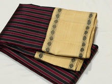 Saraswati- Gorgeous maroon and black striped handwoven pure premium zariless korvai kanjivaram silk with offwhite rudrakshas woven rettapet borders rich seer pallu and contrast woven blouse