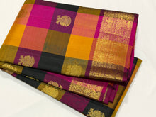 Sahana- Stunning Palum Pazhamum Multichecks with Gandaberund Buttas Handwoven Pure Jari Kanjivaram Silk with rich borders pallu and contrast woven jari striped pink blouse