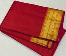 Nayaki- Gorgeous Red with Golden Mustard Handwoven Pure Kanjivaram Silk with beautiful bawanchi borders with rich pallu and contrast woven blouse